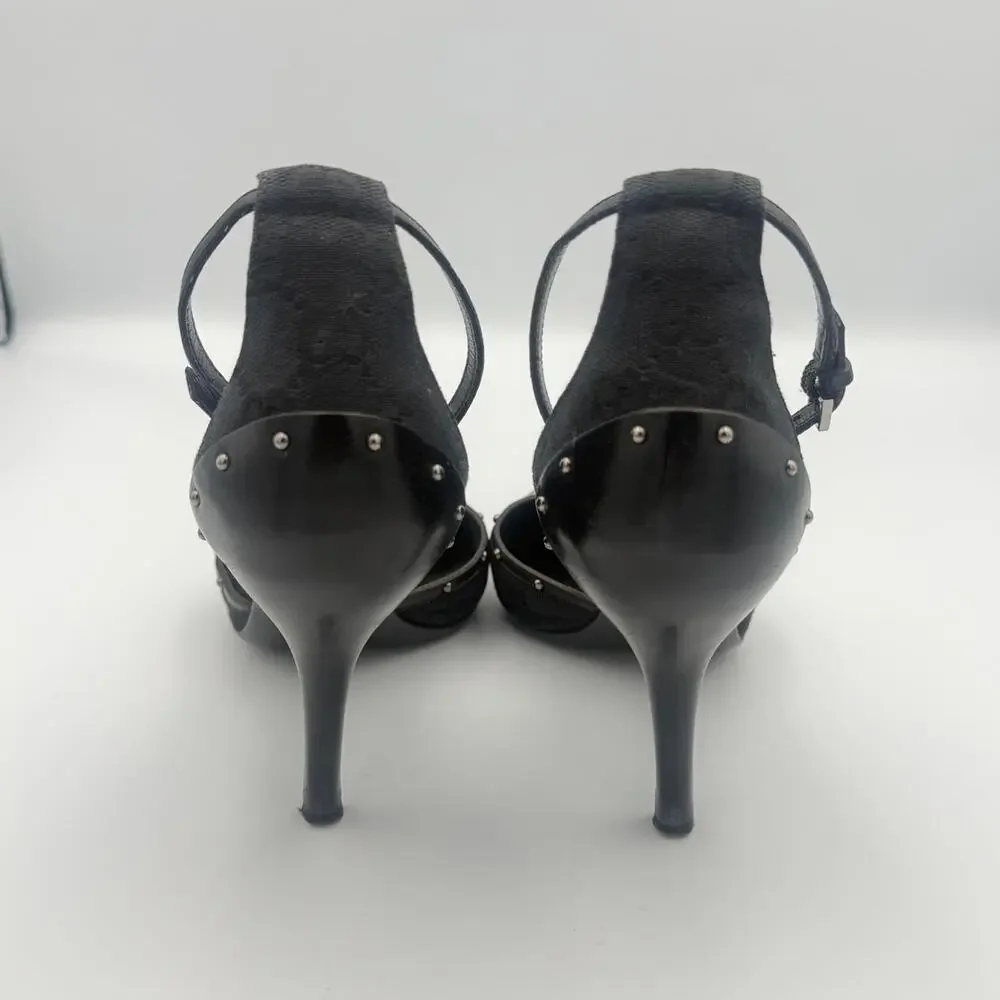 Vintage Gucci Monogram Horse bit Heels with Black Leather Cap Toe and Studs